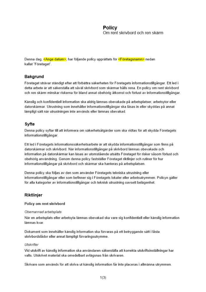 Policy om rent skrivbord och ren skärm