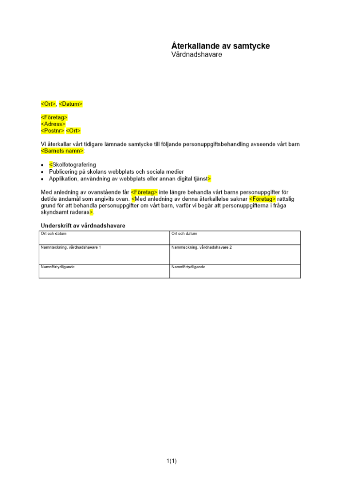 Återkallande av samtycke (vårdnadshavare)