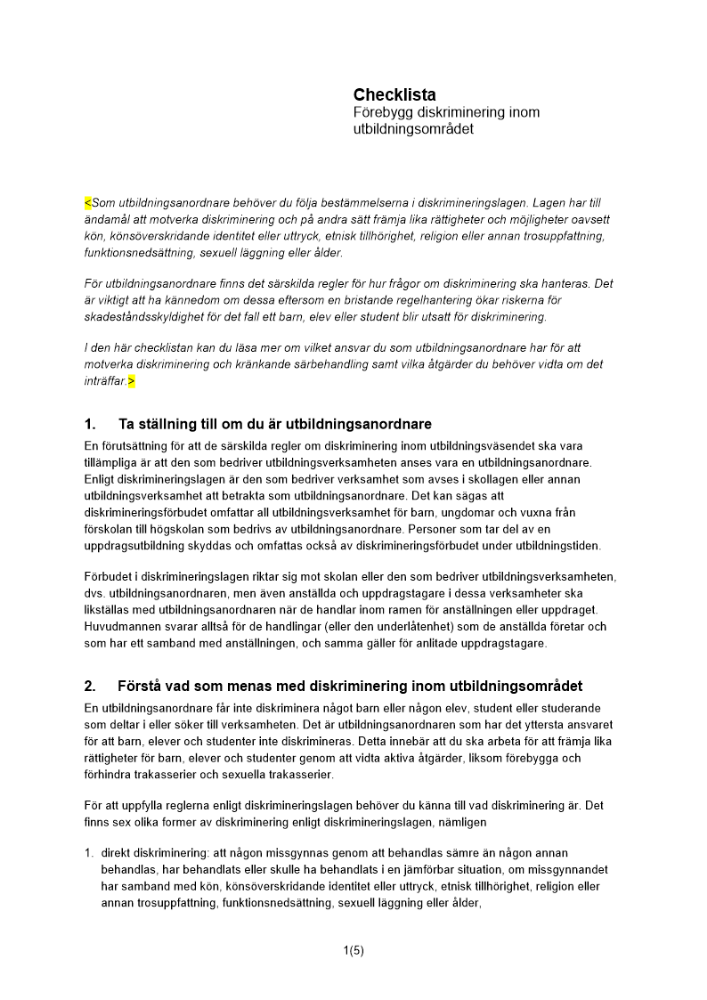 Checklista – förebygg diskriminering inom utbildningsområdet