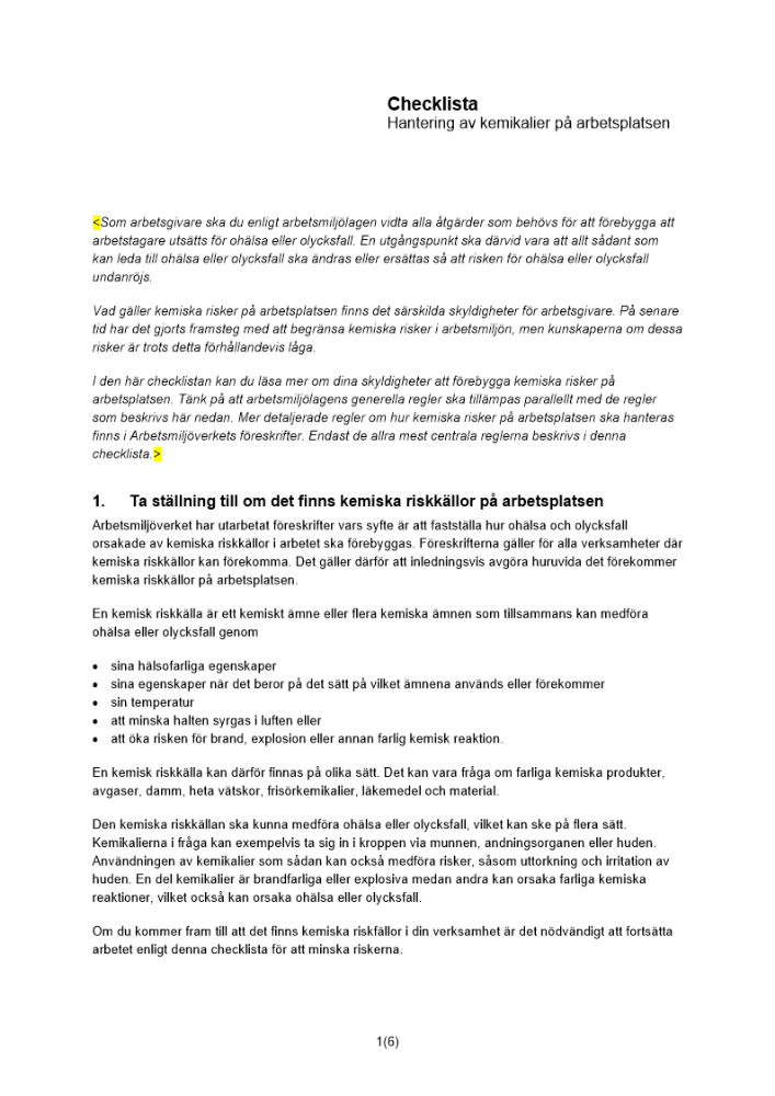 Checklista – Hantering av kemikalier på arbetsplatsen
