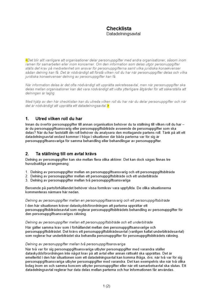 Checklista - Datadelningsavtal