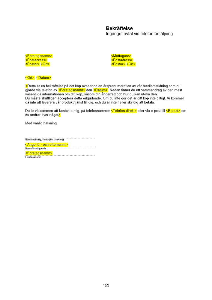 Bekräftelse ingånget avtal vid telefonförsäljning