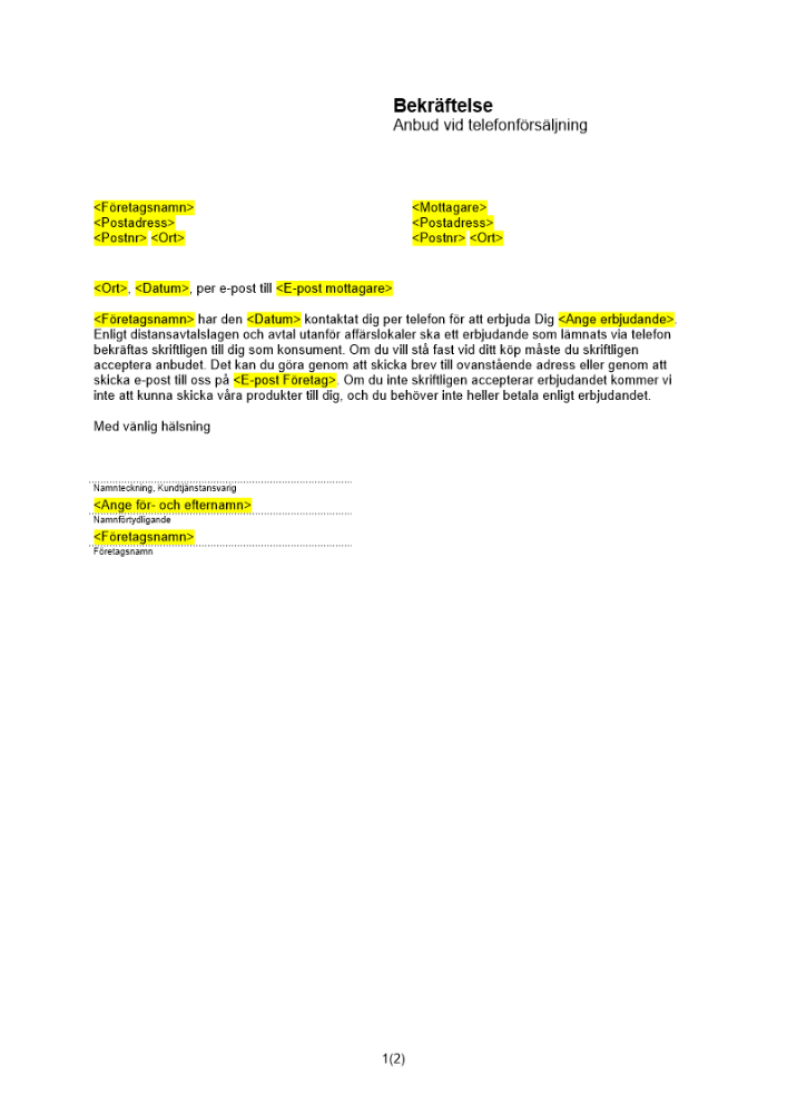 Bekräftelse anbud telefonförsäljning