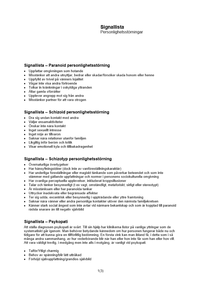 Signallistor – Personlighetsstörningar
