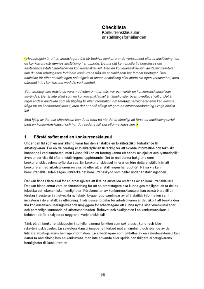 Checklista - Konkurrensklausuler i anställningsförhållanden