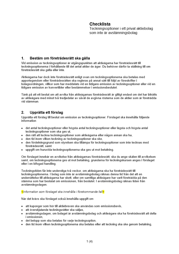 Checklista – Teckningsoptioner privat AB