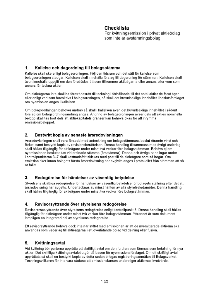 Checklista - Kvittningsemission privat AB