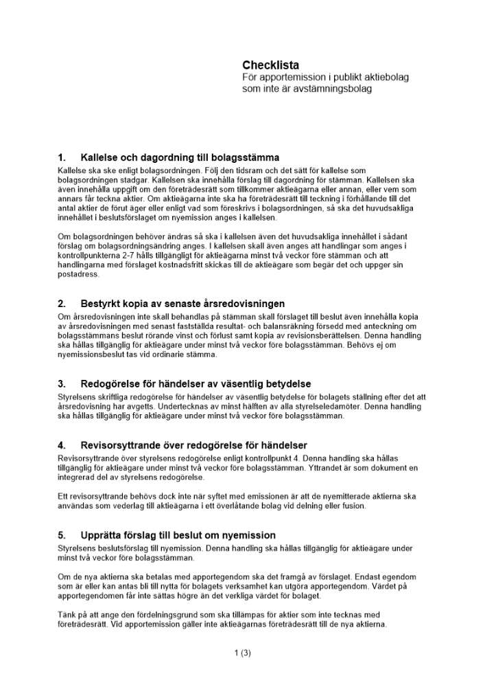 Checklista – apportemission publikt AB