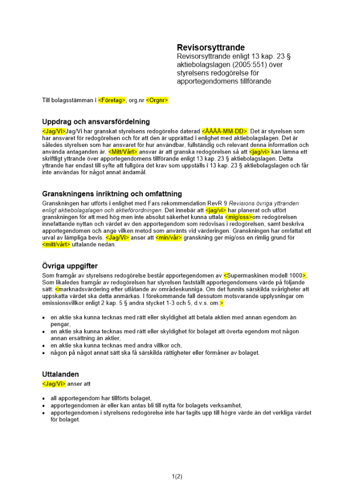 Revisorsyttrande enl 13 kap 23 § ABL (Apportemission)