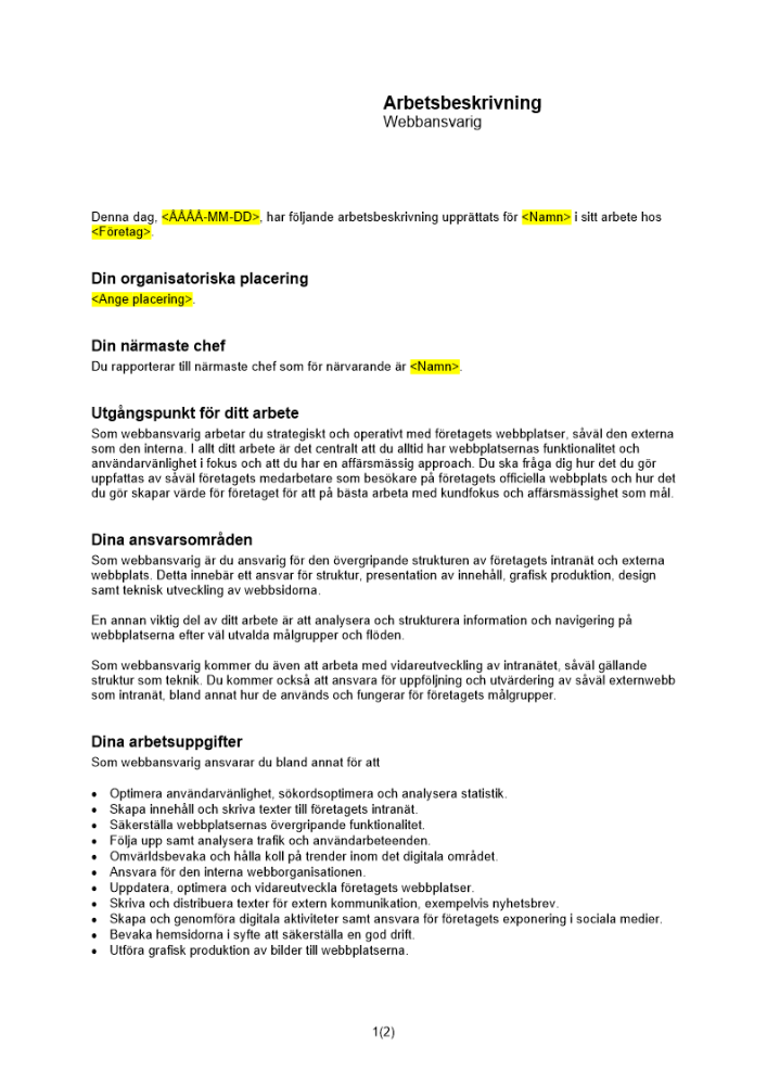Arbetsbeskrivning - webbansvarig