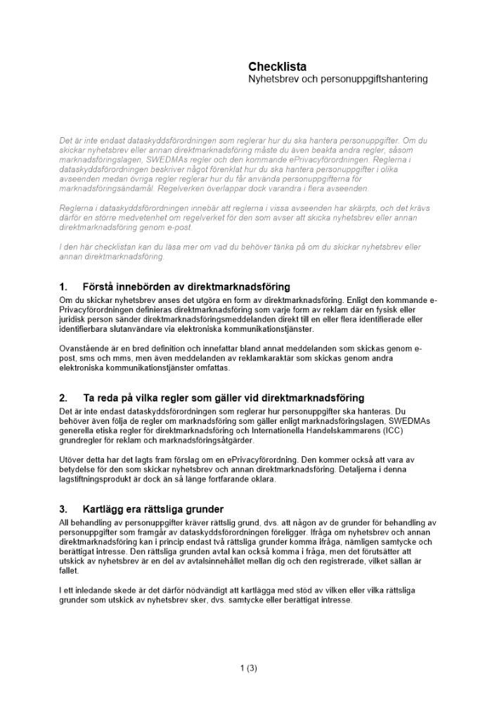 Checklista - nyhetsbrev och personuppgiftshantering
