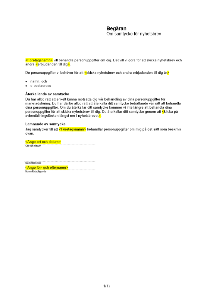 Begäran om samtycke nyhetsbrev