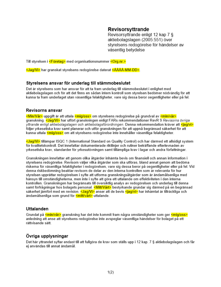 Revisorsyttrande 12 kap. 7 ABL (fondemission)