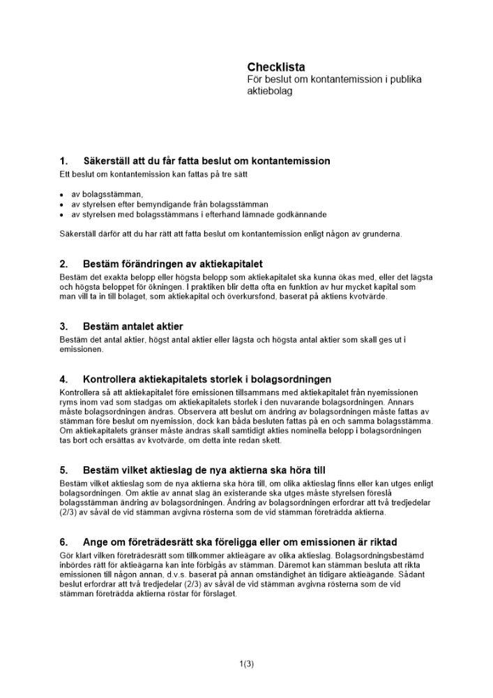 Checklista beslut om kontantemission - Publikt AB