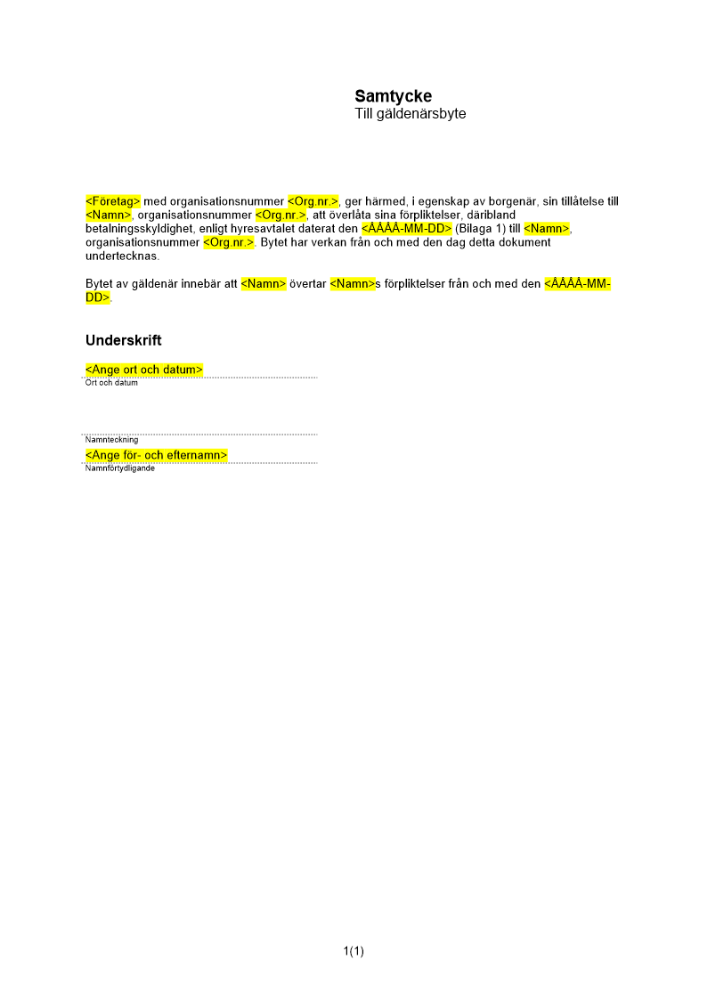 Samtycke till gäldenärsbyte