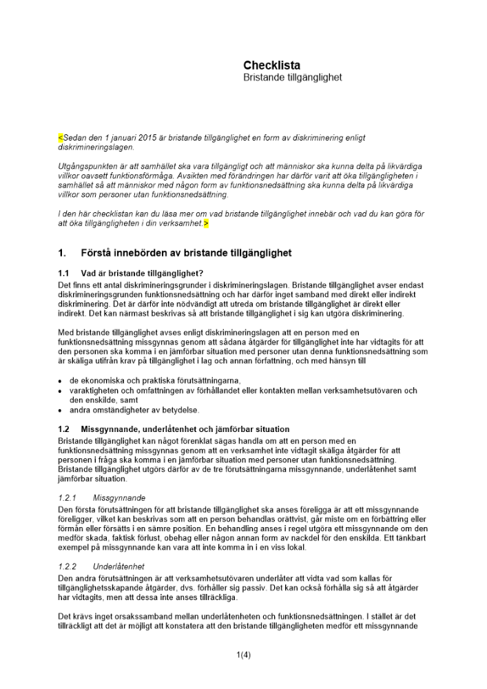 Checklista bristande tillgänglighet