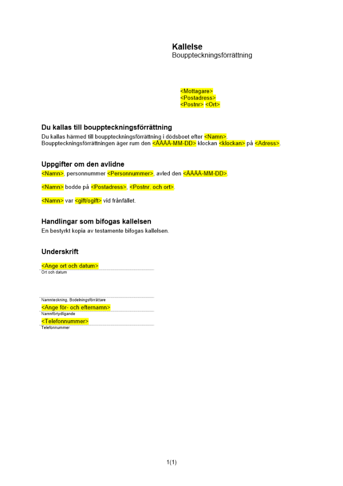 Kallelse till bouppteckningsförrättning