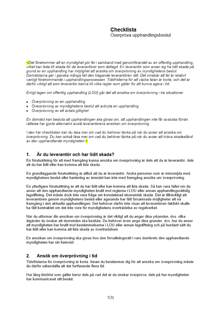 Checklista överpröva upphandlingsbeslut