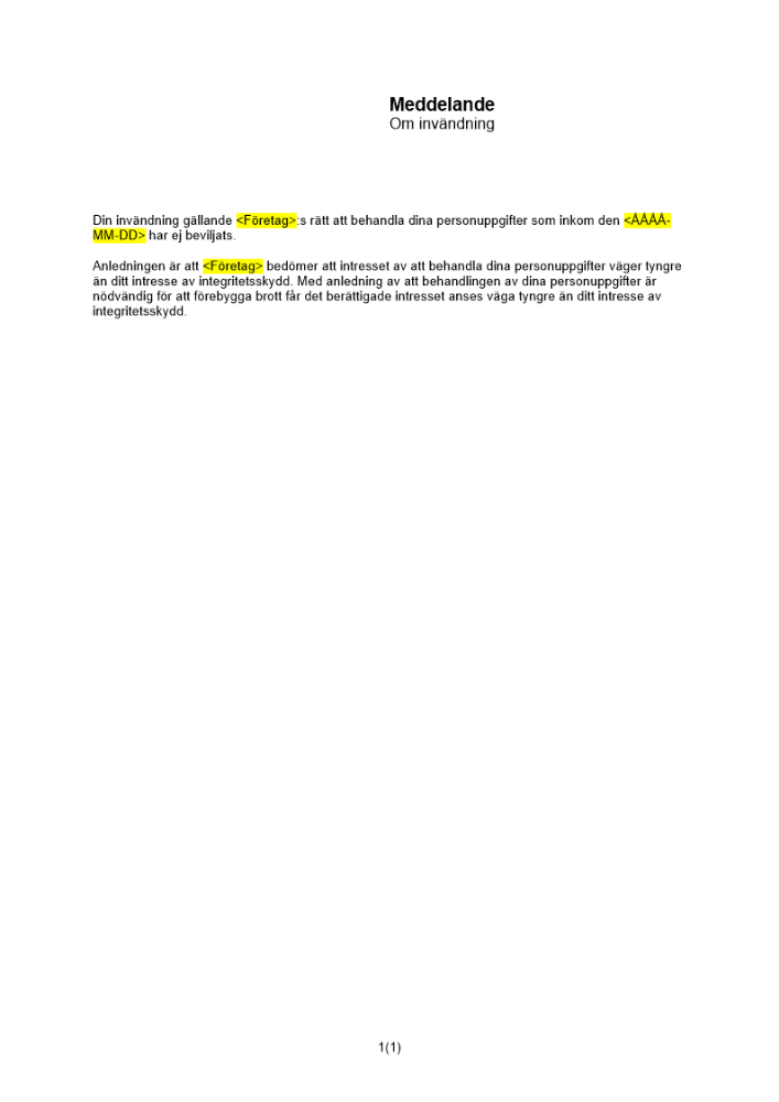 Meddelande om invändning - ej beviljad