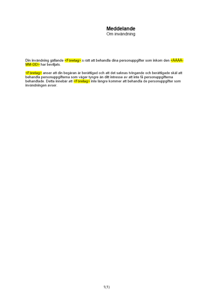 Meddelande om invändning - beviljad