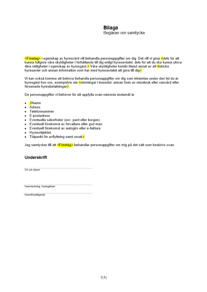 Bilaga hyresavtal - begäran om samtycke till behandling av personuppgifter