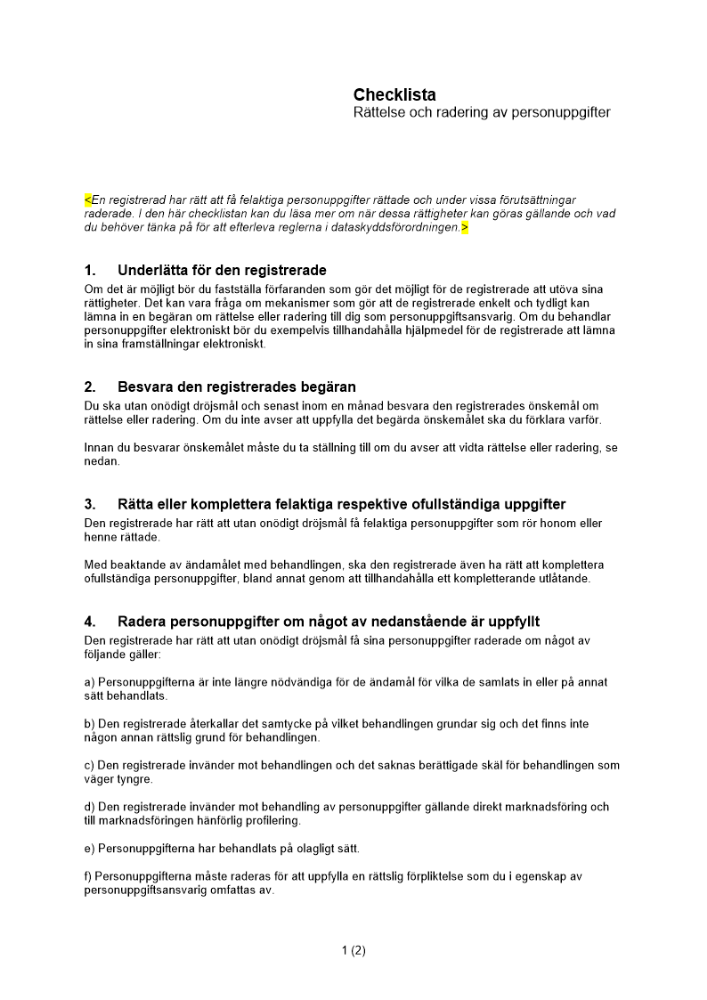 Checklista Rättelse och radering av personuppgifter