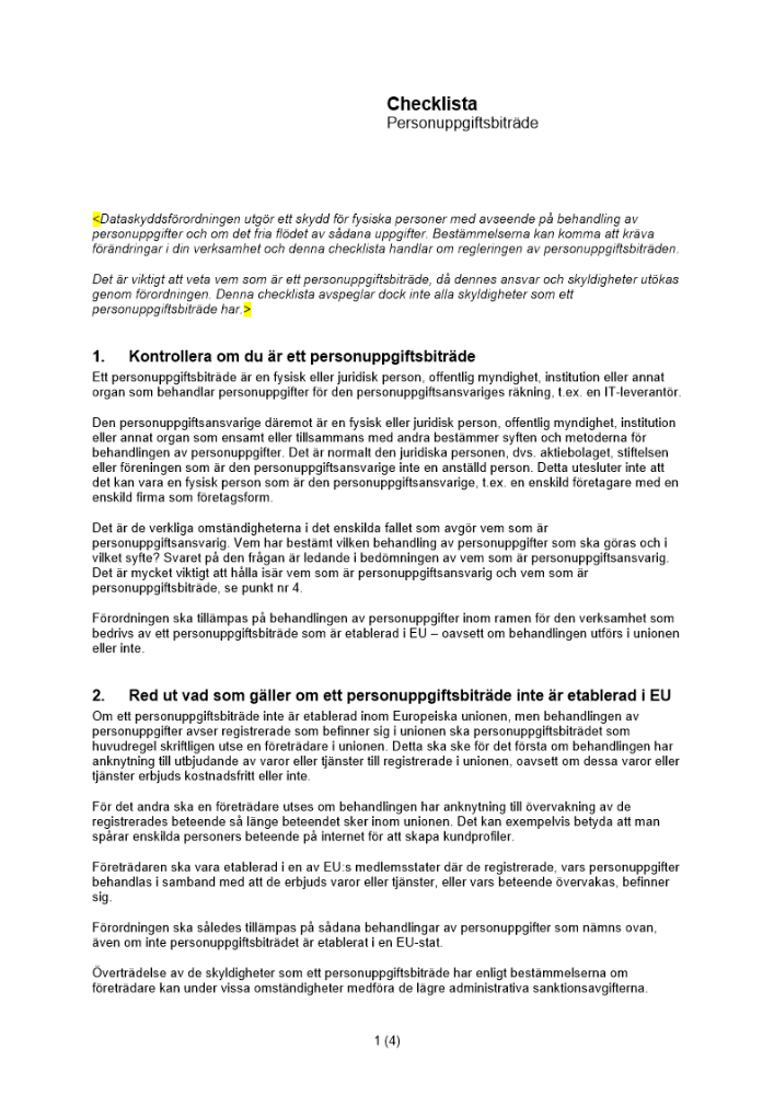 Checklista personuppgiftsbiträde