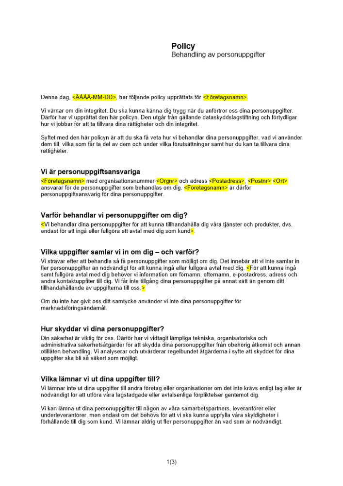 Policy för behandling av personuppgifter