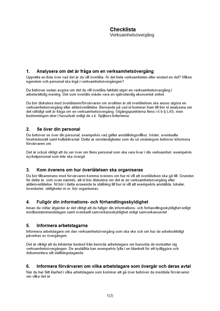 Checklista verksamhetsövergång