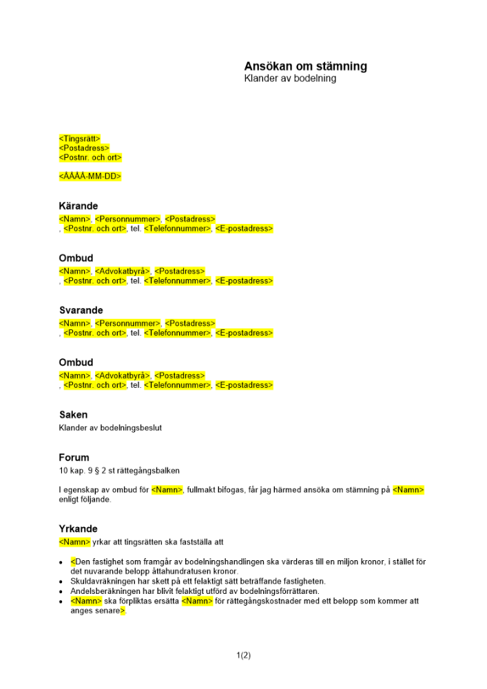 Stämningsansökan klander av bodelningsbeslut