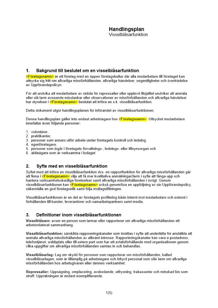 Handlingsplan visselblåsarfunktion