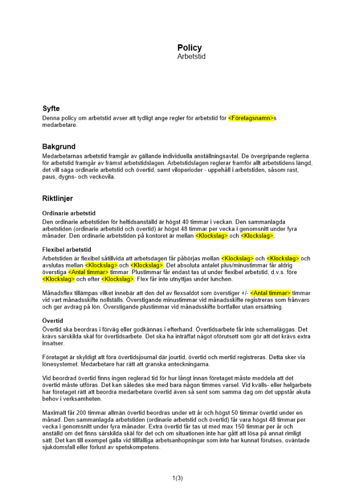 Policy för arbetstid