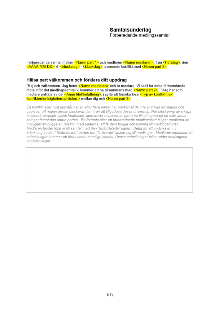 Samtalsunderlag förberedande medlingssamtal