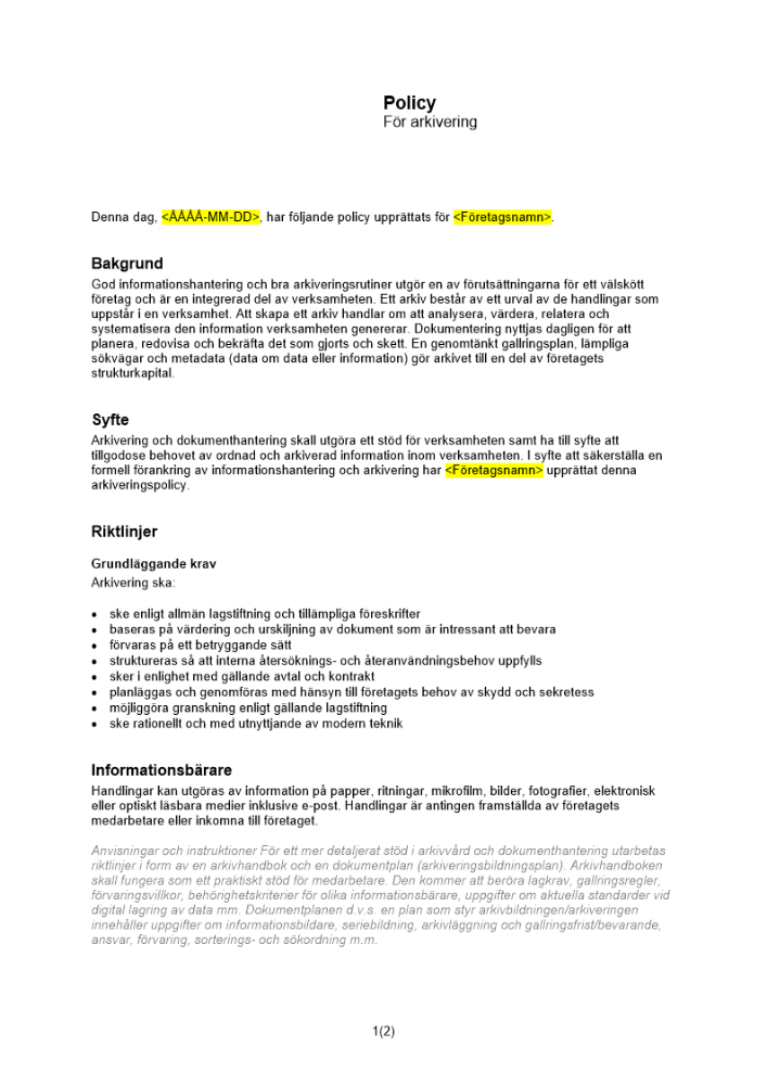 Policy för arkivering