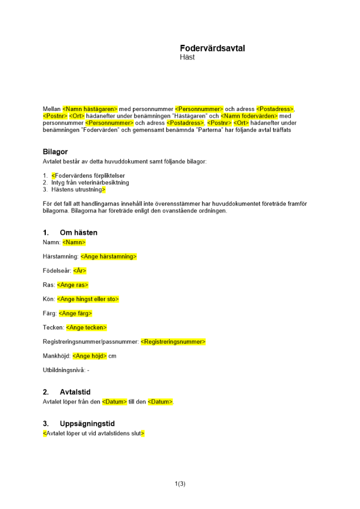 Fodervärdsavtal häst
