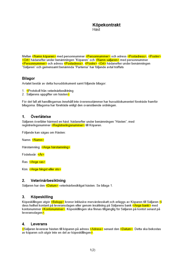 Köpekontrakt häst