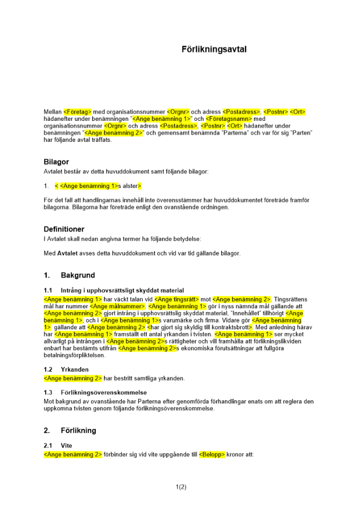 Förlikningsavtal (Upphovsrättsligt skyddat material)