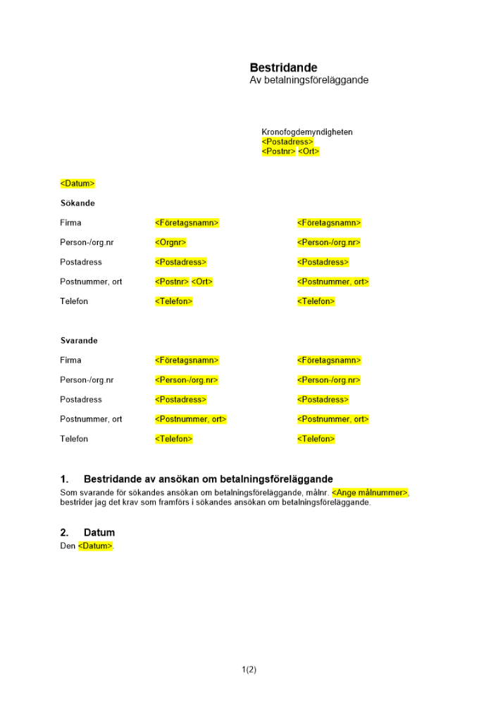 Bestridande av betalningsföreläggande