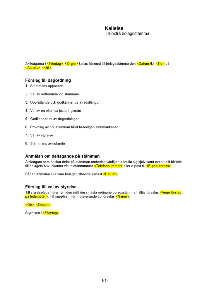 Kallelse extra bolagsstämma ändring av styrelse