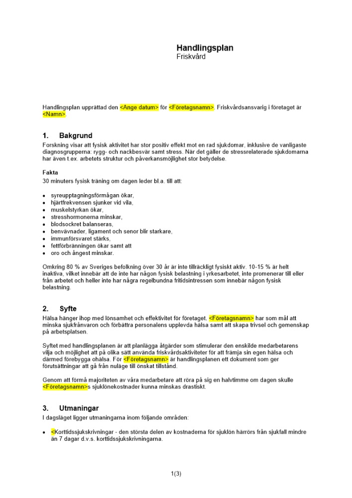 Friskvård - Handlingsplan