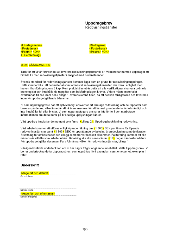 Uppdragsbrev redovisningstjänster