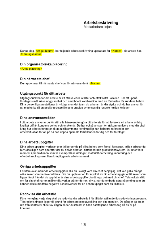 Arbetsbeskrivning medarbetare linjen