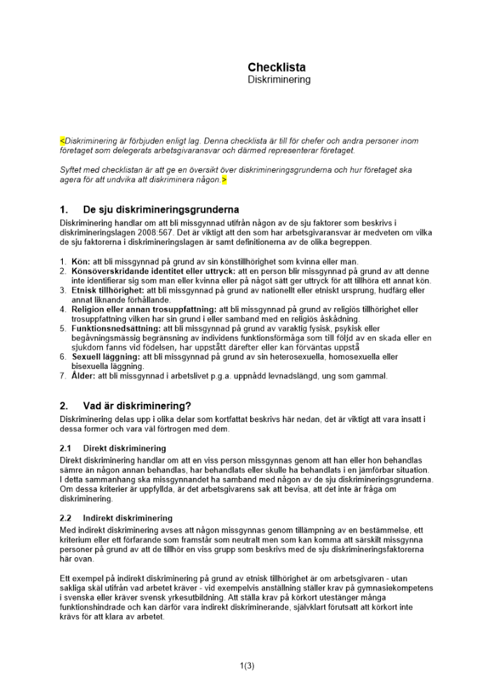 Checklista undvika diskriminering