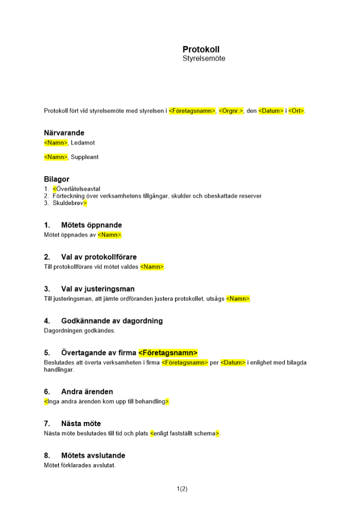 Protokoll beslut om övertagande av firma