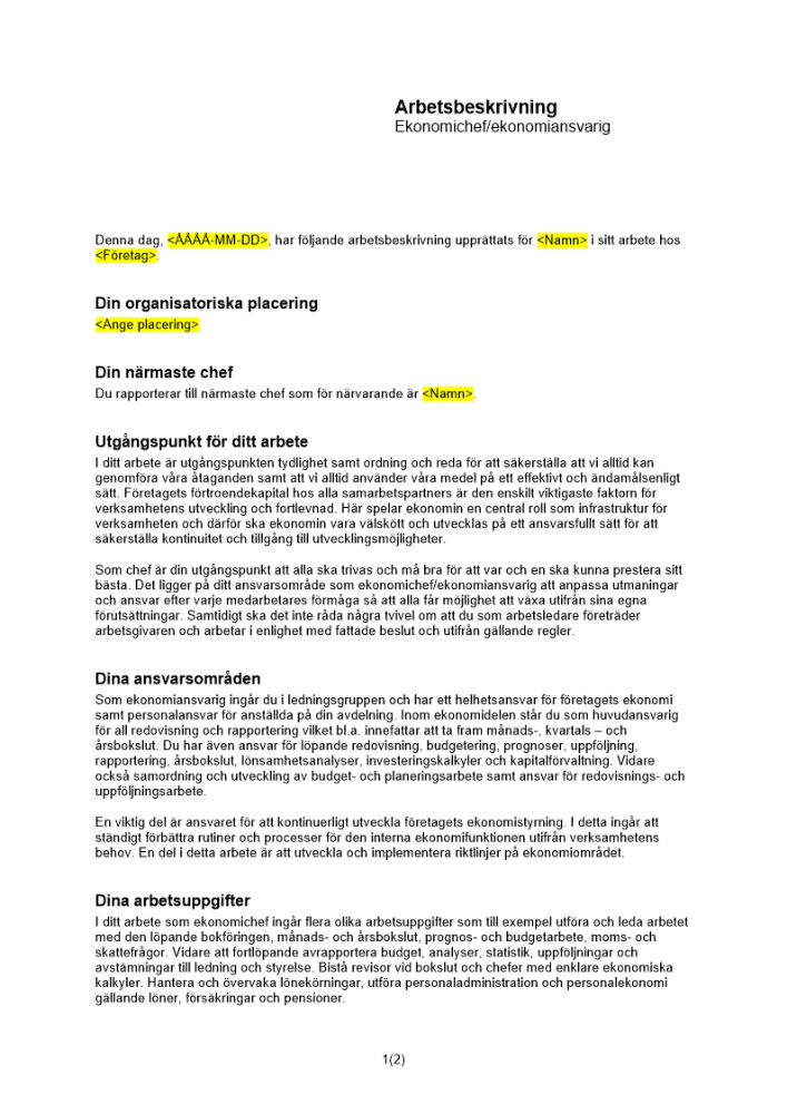 Arbetsbeskrivning ekonomichef (ekonomiansvarig)