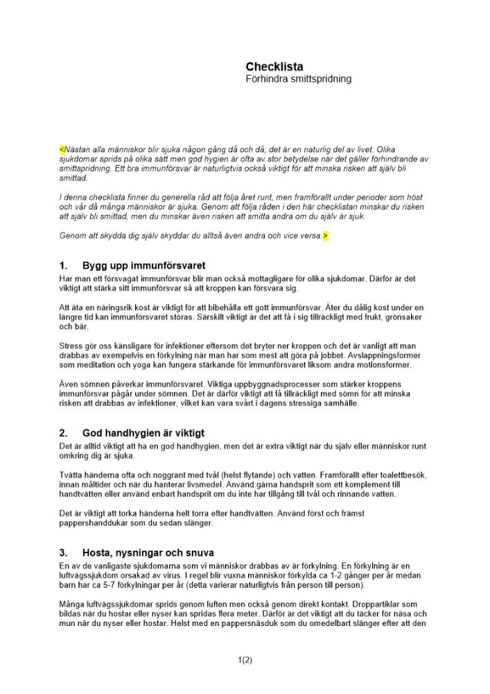 Checklista förhindra smittspridning