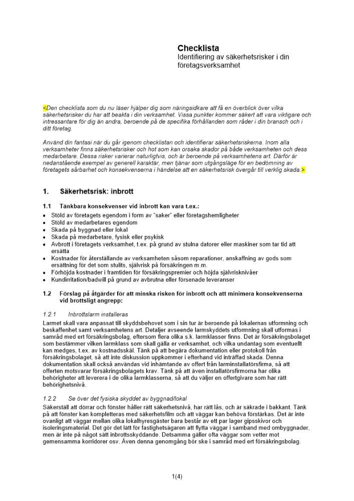 Checklista Identifiering av säkerhetsrisker