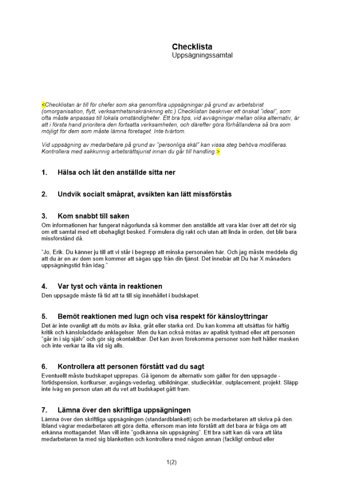 Checklista uppsägningssamtal