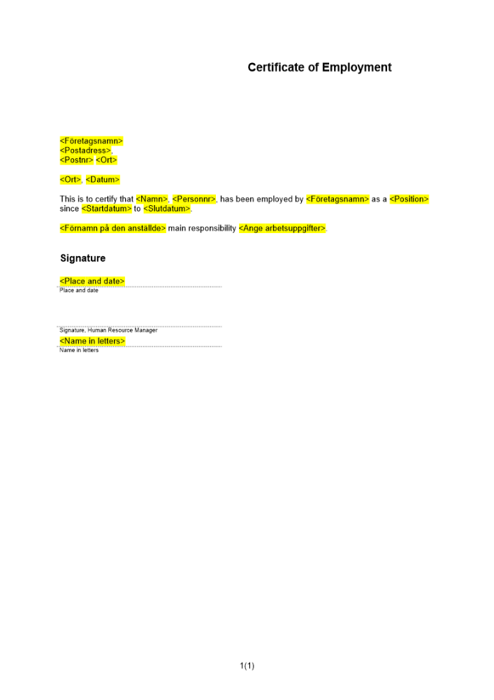 Tjänstgöringsintyg Engelsk