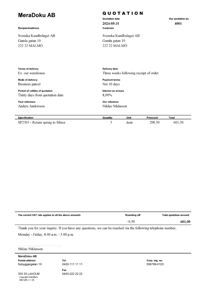 Offert med leveransdetaljer 10 artikelrader eng